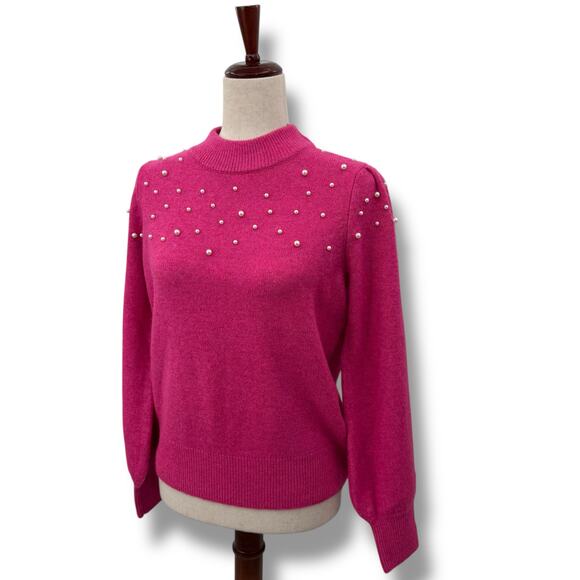 CeCe Hot Pink Sweater with pearls medium balloon sleeve Preppy Coquette Knit - Picture 3 of 13